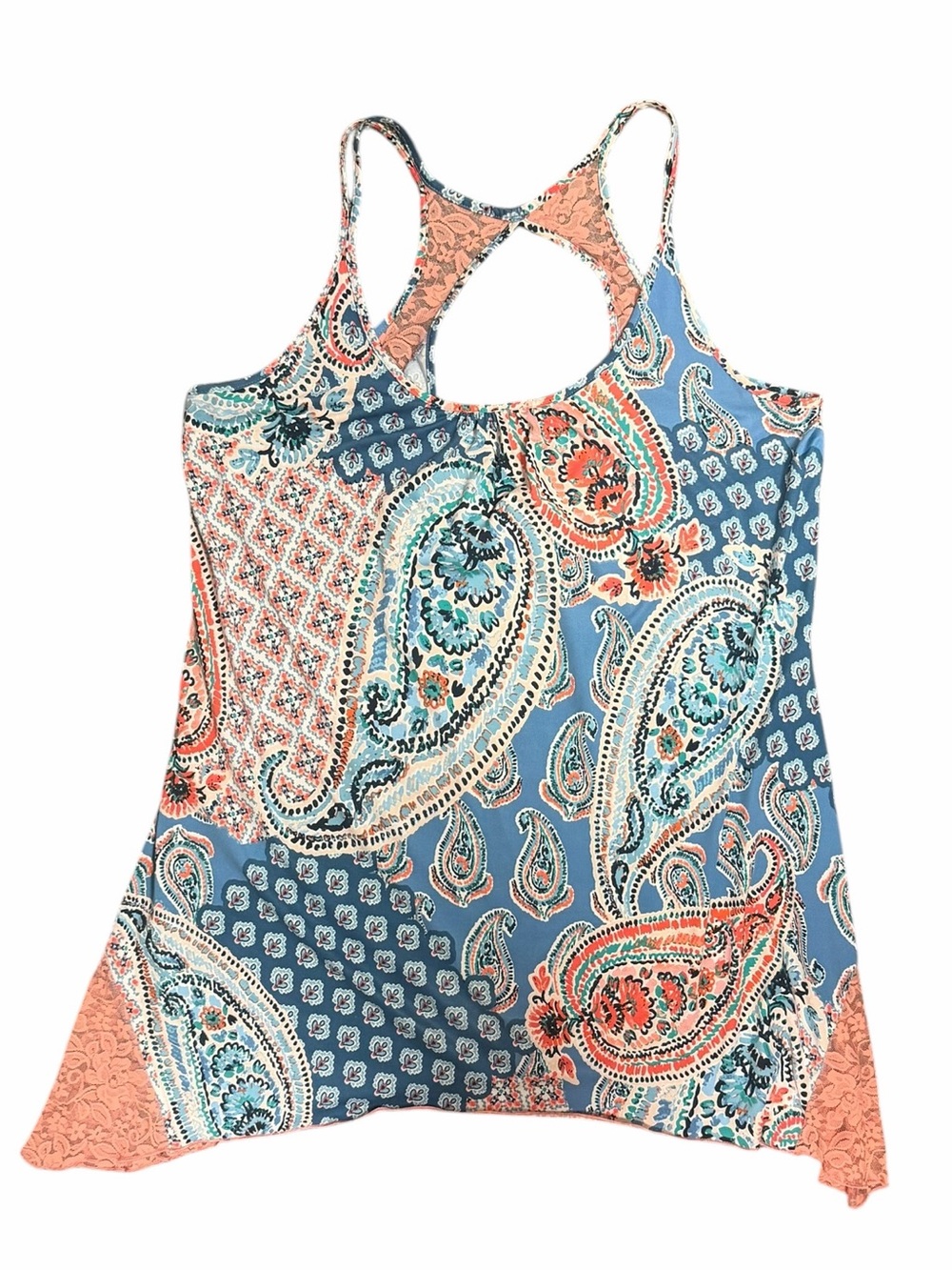 In Bloom by Jonquil Dakota Paisley Lace Racerback Lounge Tank L Blue Coral Boho - Picture 3 of 8